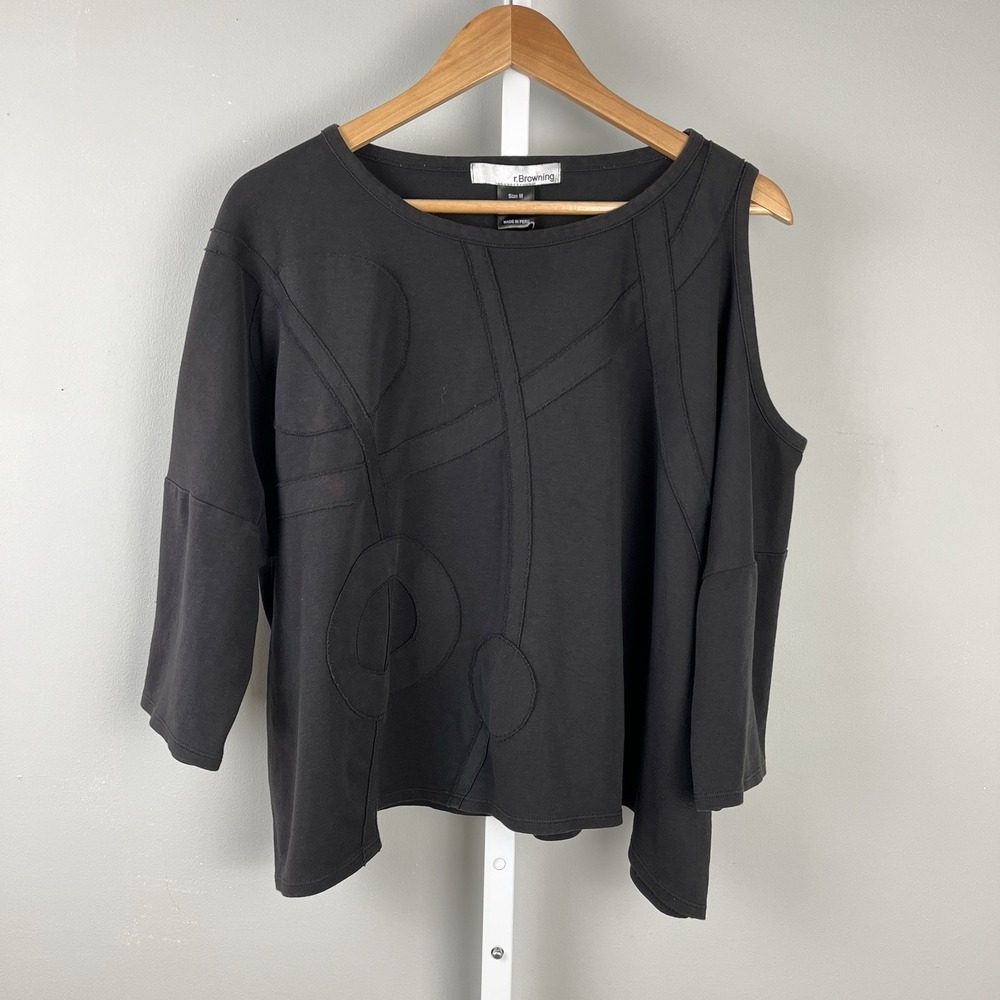 r. Browning Artsy Top Womens Medium Single Cold Shoulder‎ Applique Pima Cotton